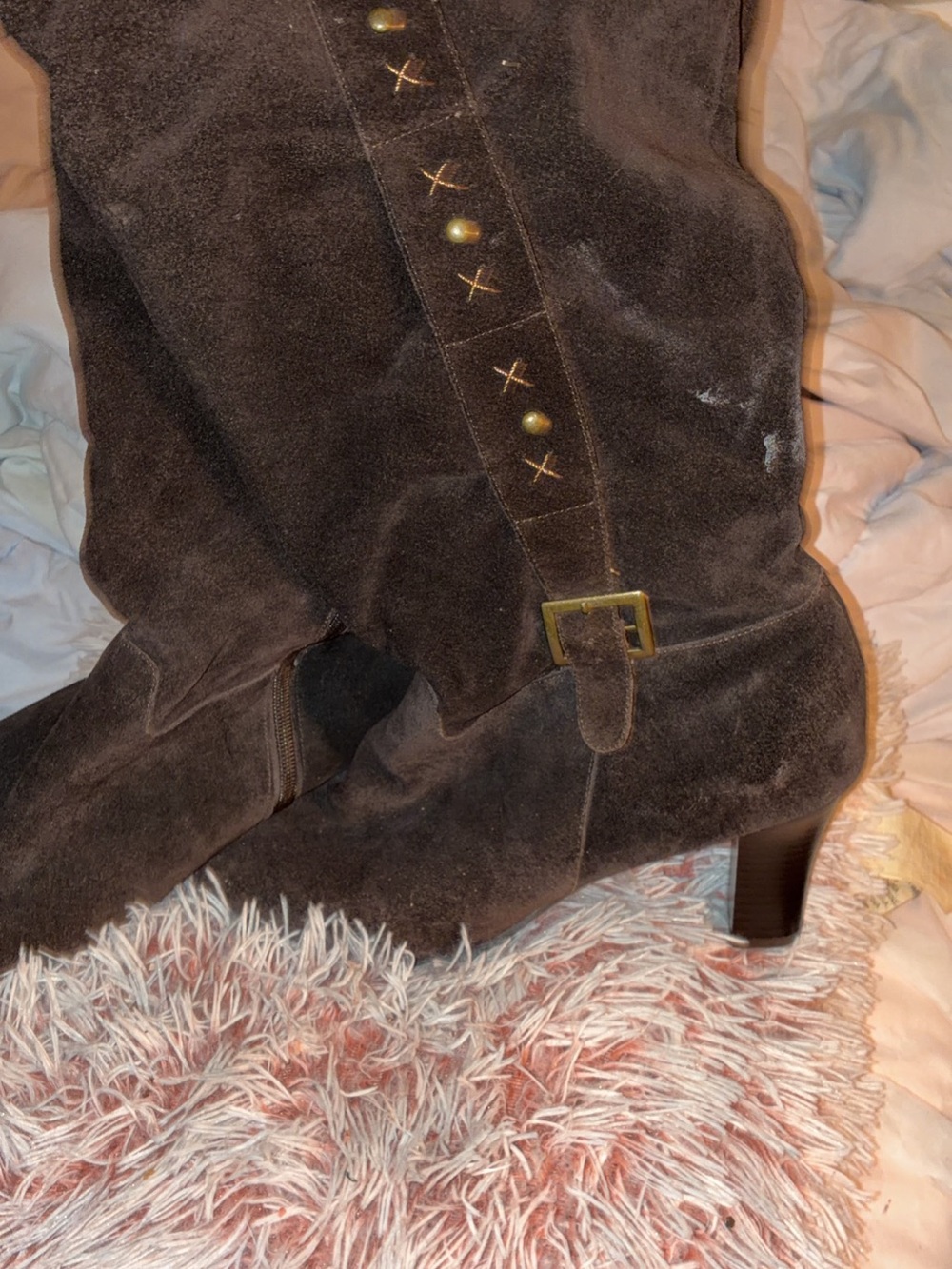 Suede Mid-Heel Women's Boots in Dark Brown with Buckle Detail